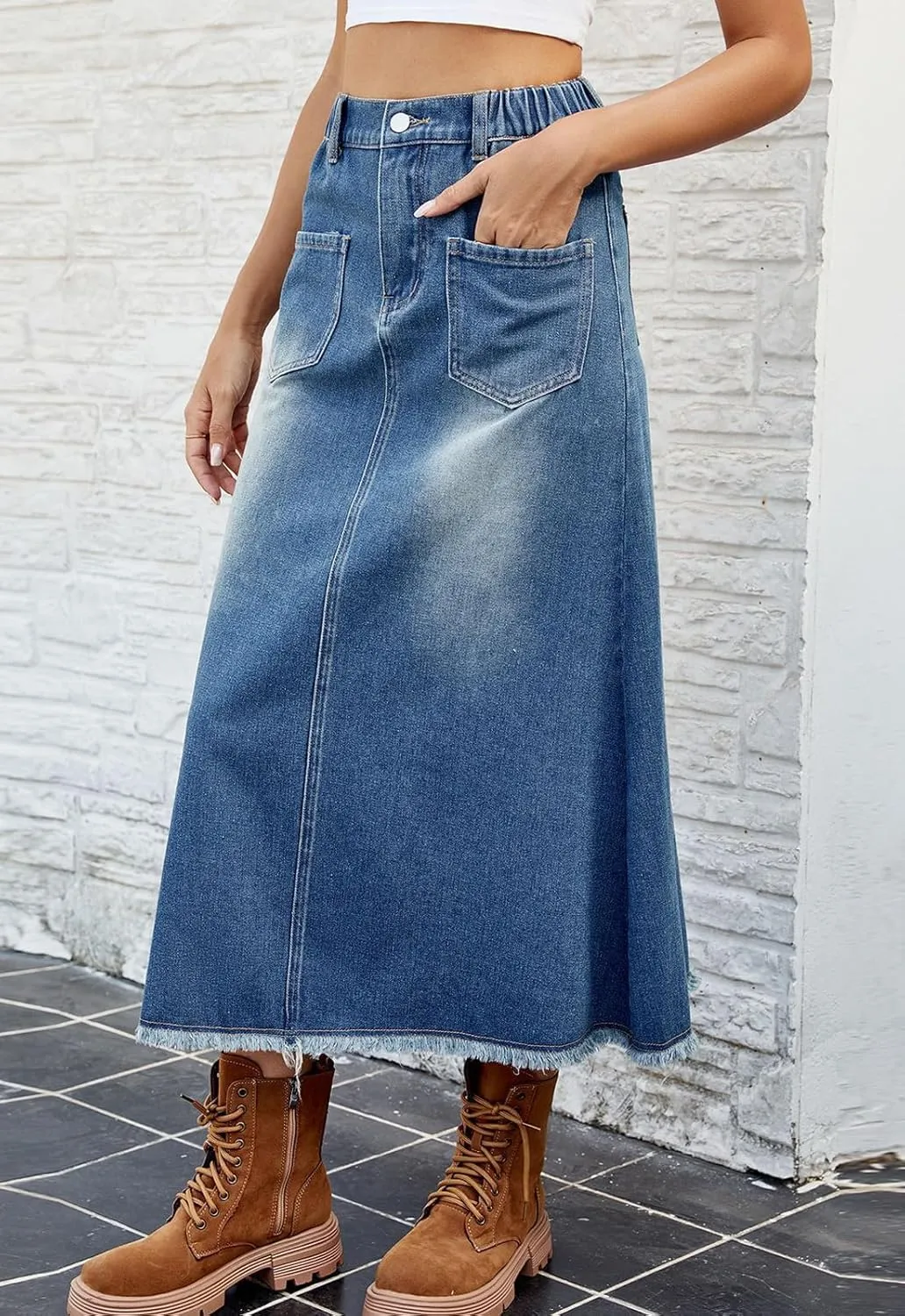 CHARTOU Women Casual Jean Skirt Y2k Ripped Mid Long Denim Midi Skirt Distressed Frayed A Line Skirt Pockets