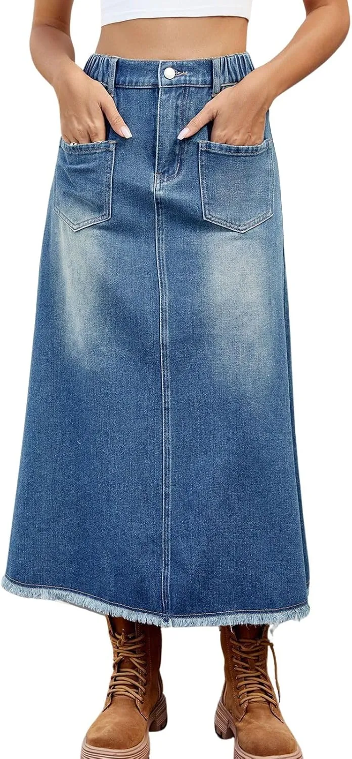 CHARTOU Women Casual Jean Skirt Y2k Ripped Mid Long Denim Midi Skirt Distressed Frayed A Line Skirt Pockets