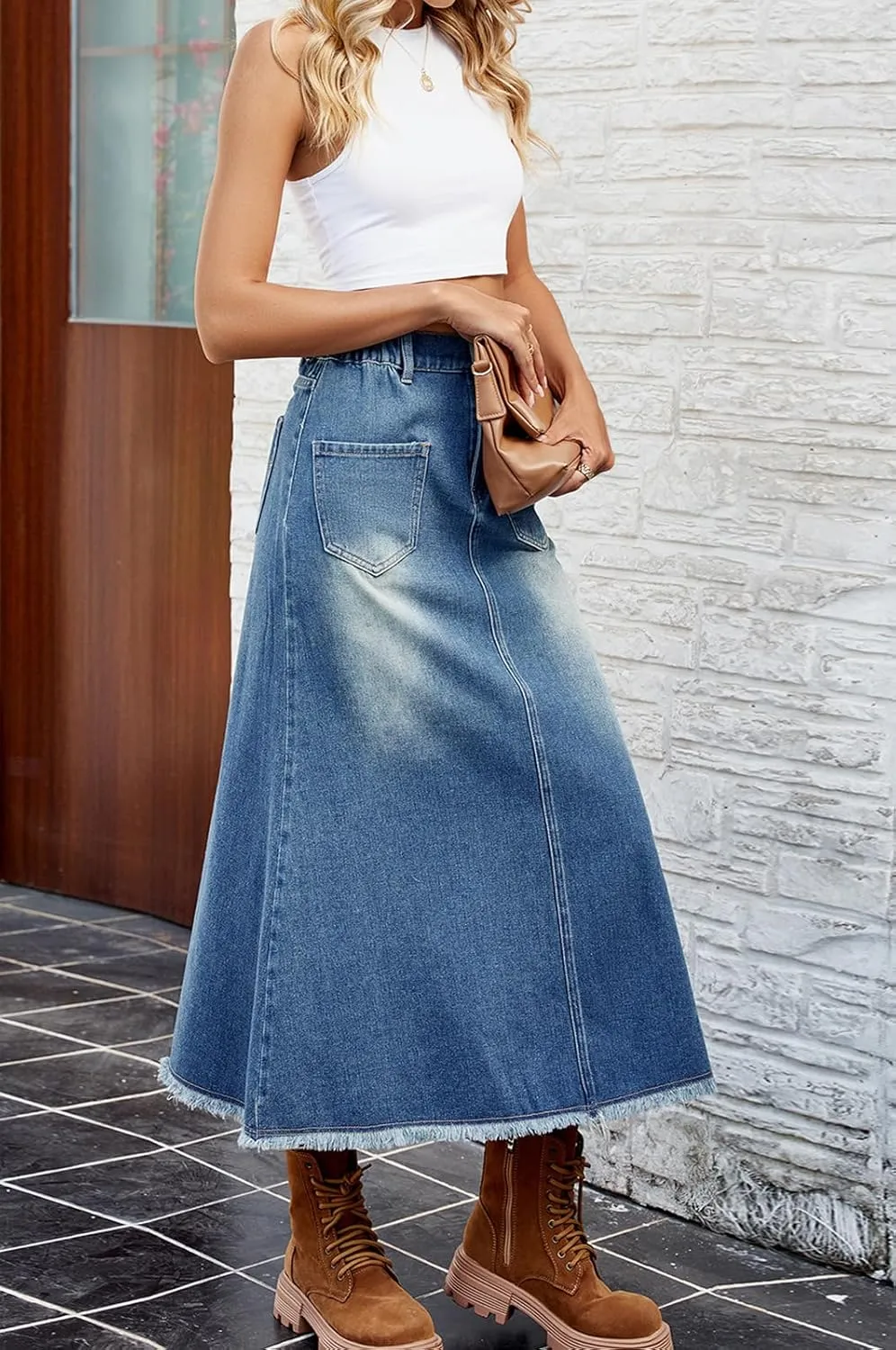 CHARTOU Women Casual Jean Skirt Y2k Ripped Mid Long Denim Midi Skirt Distressed Frayed A Line Skirt Pockets