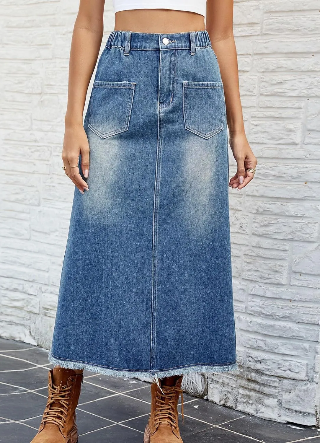 CHARTOU Women Casual Jean Skirt Y2k Ripped Mid Long Denim Midi Skirt Distressed Frayed A Line Skirt Pockets