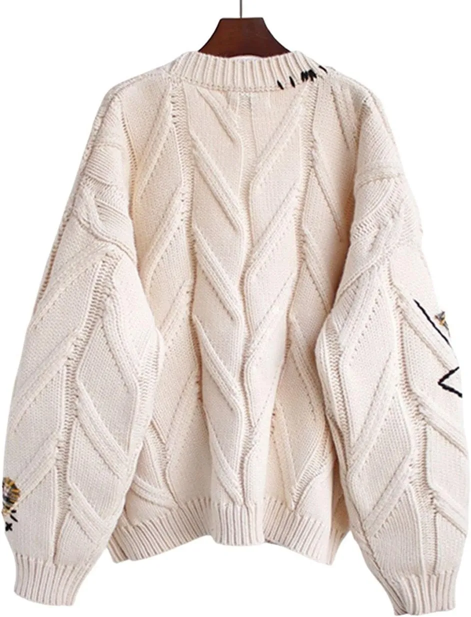 CHARTOU Women Chunky Cable Knit Cardigan Embroidery Button Down Sweater Jacket Knitwear