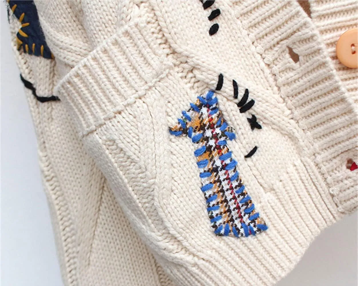 CHARTOU Women Chunky Cable Knit Cardigan Embroidery Button Down Sweater Jacket Knitwear