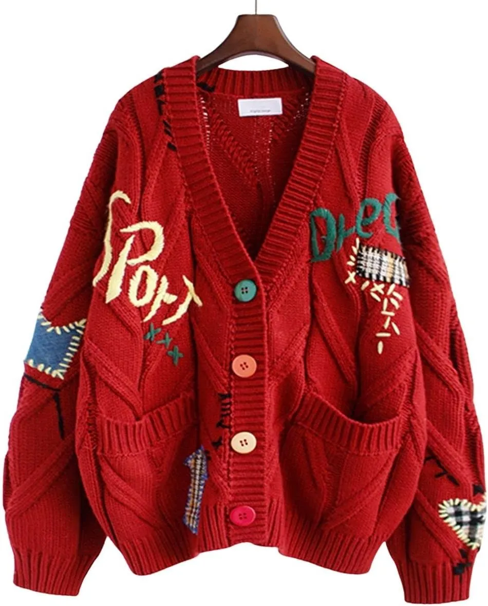 CHARTOU Women Chunky Cable Knit Cardigan Embroidery Button Down Sweater Jacket Knitwear