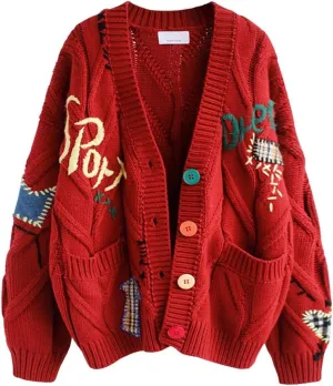 CHARTOU Women Chunky Cable Knit Cardigan Embroidery Button Down Sweater Jacket Knitwear