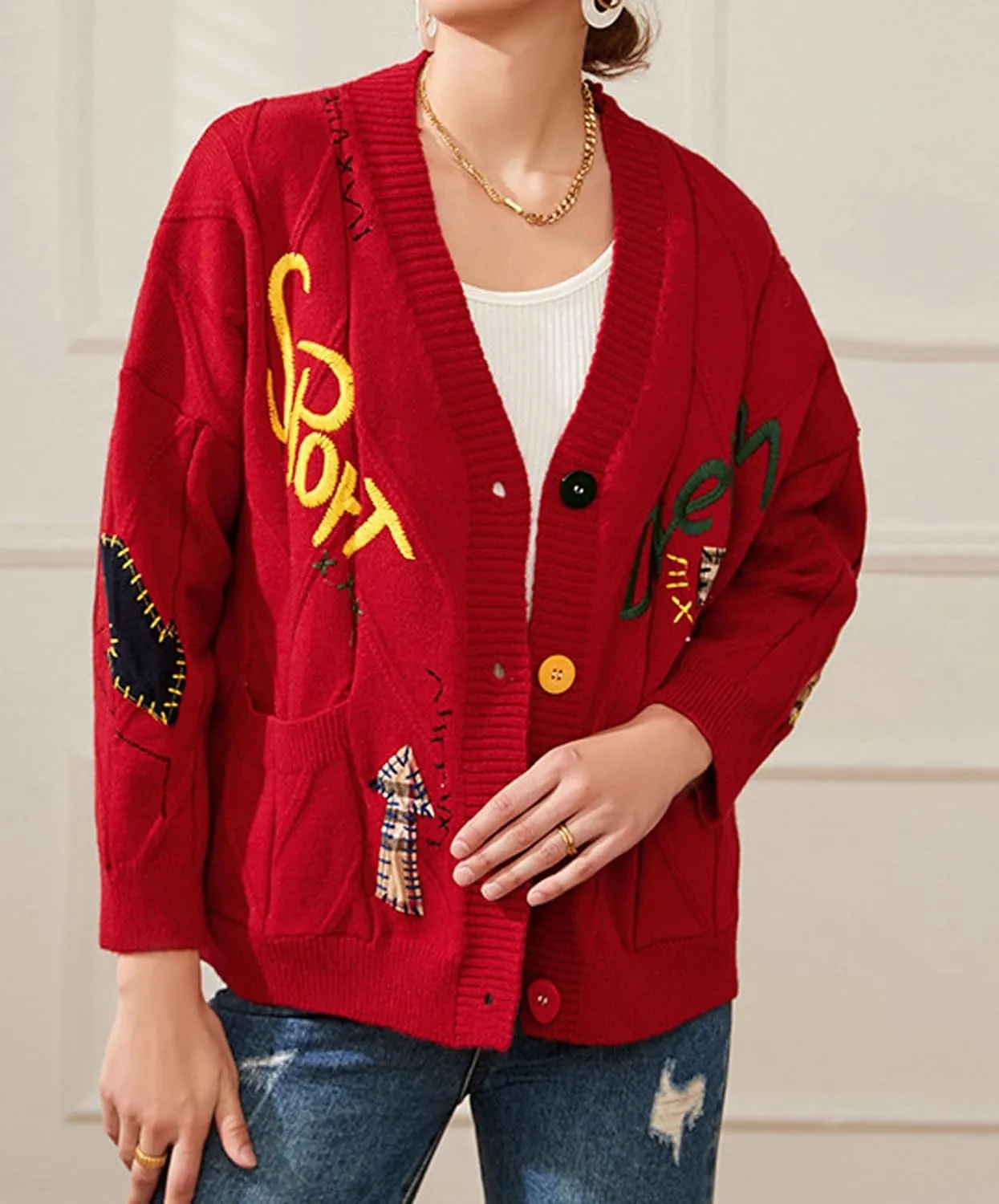CHARTOU Women Chunky Cable Knit Cardigan Embroidery Button Down Sweater Jacket Knitwear