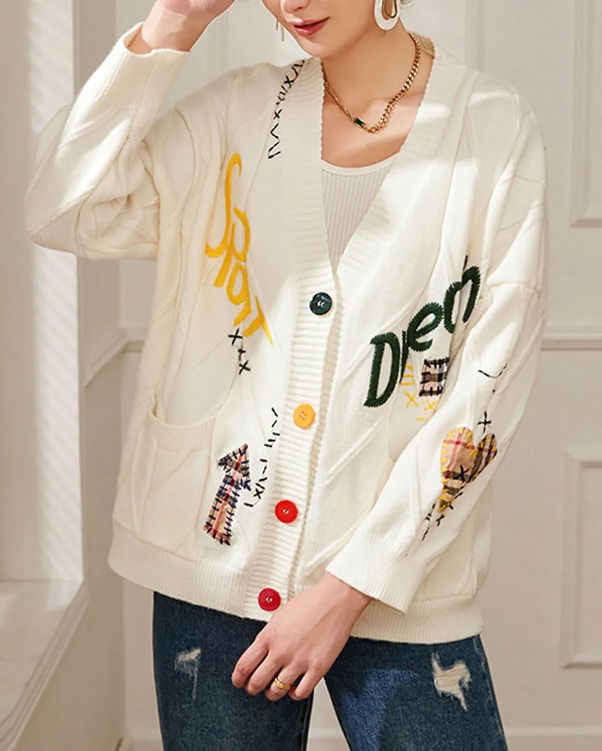 CHARTOU Women Chunky Cable Knit Cardigan Embroidery Button Down Sweater Jacket Knitwear