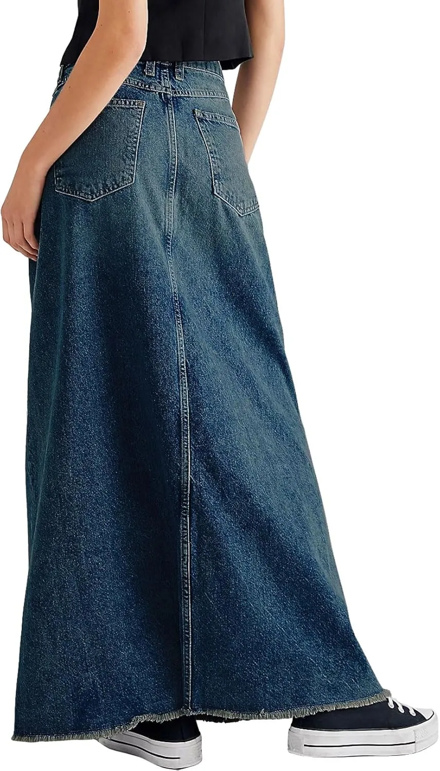 CHARTOU Women Vintage Denim Maxi Skirt Frayed Raw Hem High Waist A-Line Long Jean Skirt