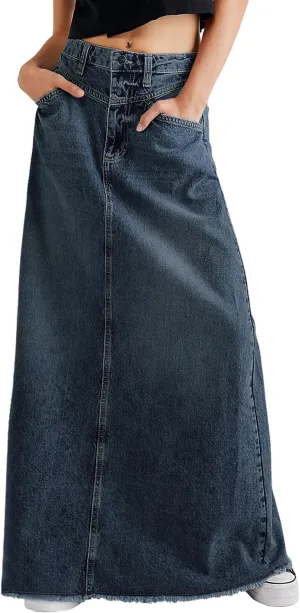 CHARTOU Women Vintage Denim Maxi Skirt Frayed Raw Hem High Waist A-Line Long Jean Skirt