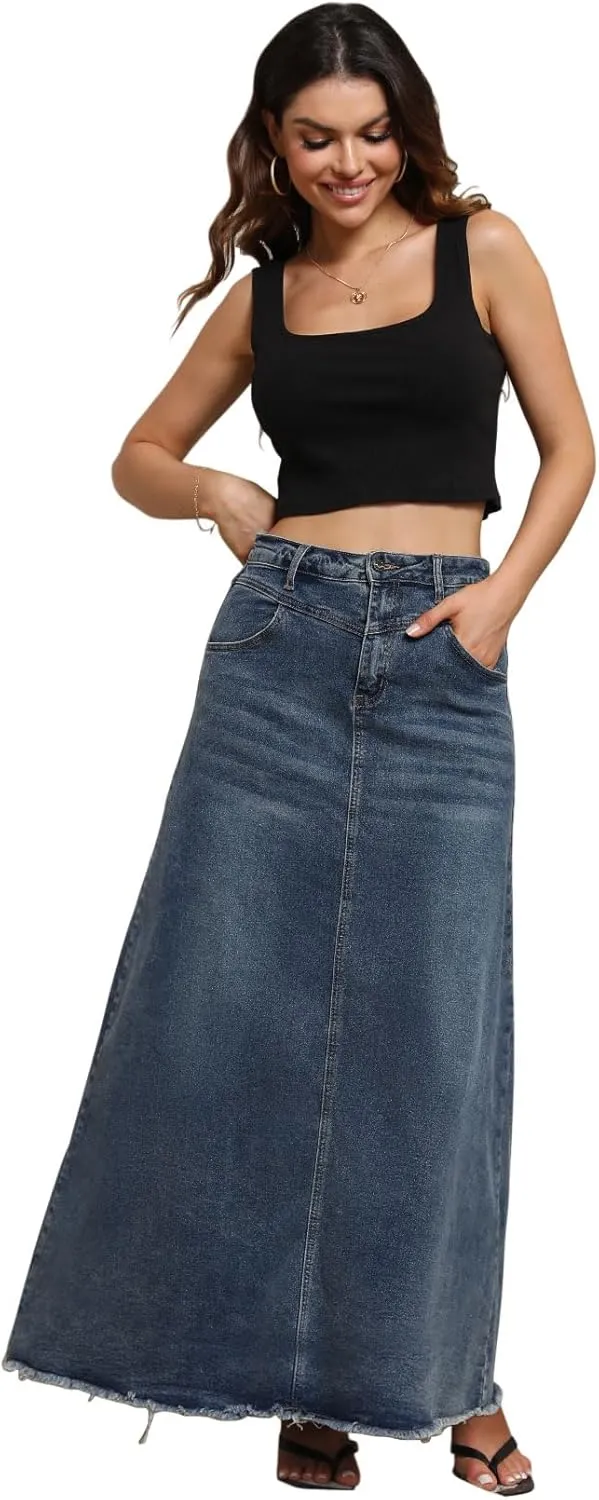 CHARTOU Women Vintage Denim Maxi Skirt Frayed Raw Hem High Waist A-Line Long Jean Skirt