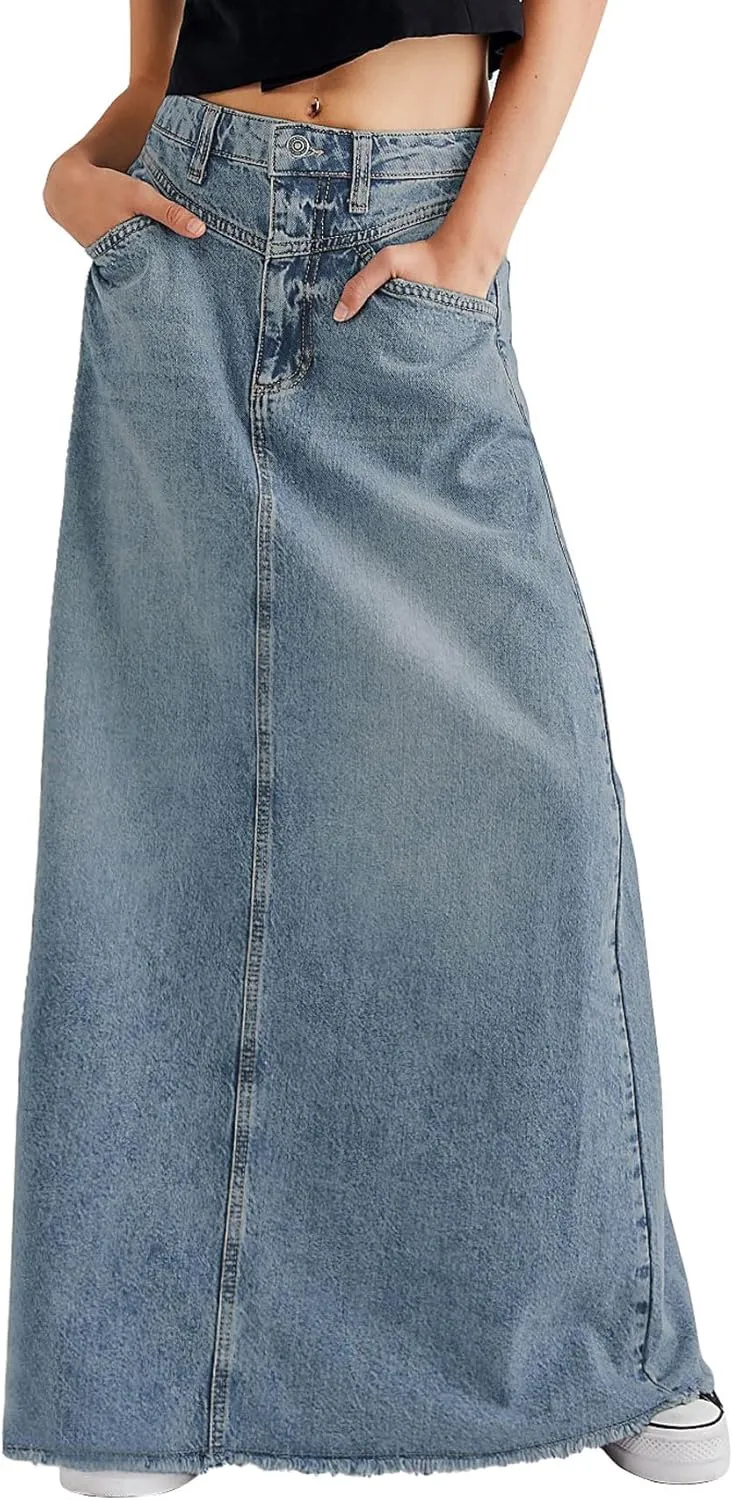 CHARTOU Women Vintage Denim Maxi Skirt Frayed Raw Hem High Waist A-Line Long Jean Skirt