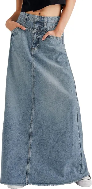 CHARTOU Women Vintage Denim Maxi Skirt Frayed Raw Hem High Waist A-Line Long Jean Skirt