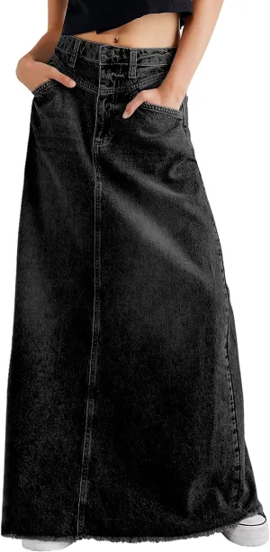CHARTOU Women Vintage Denim Maxi Skirt Frayed Raw Hem High Waist A-Line Long Jean Skirt