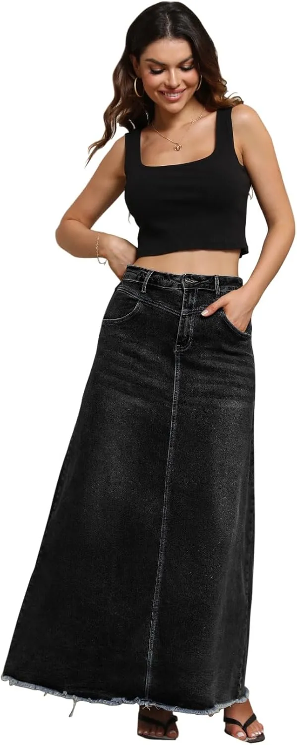 CHARTOU Women Vintage Denim Maxi Skirt Frayed Raw Hem High Waist A-Line Long Jean Skirt