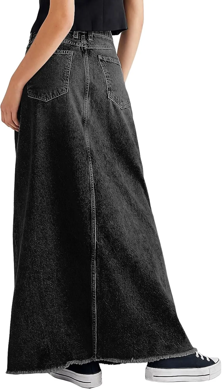 CHARTOU Women Vintage Denim Maxi Skirt Frayed Raw Hem High Waist A-Line Long Jean Skirt