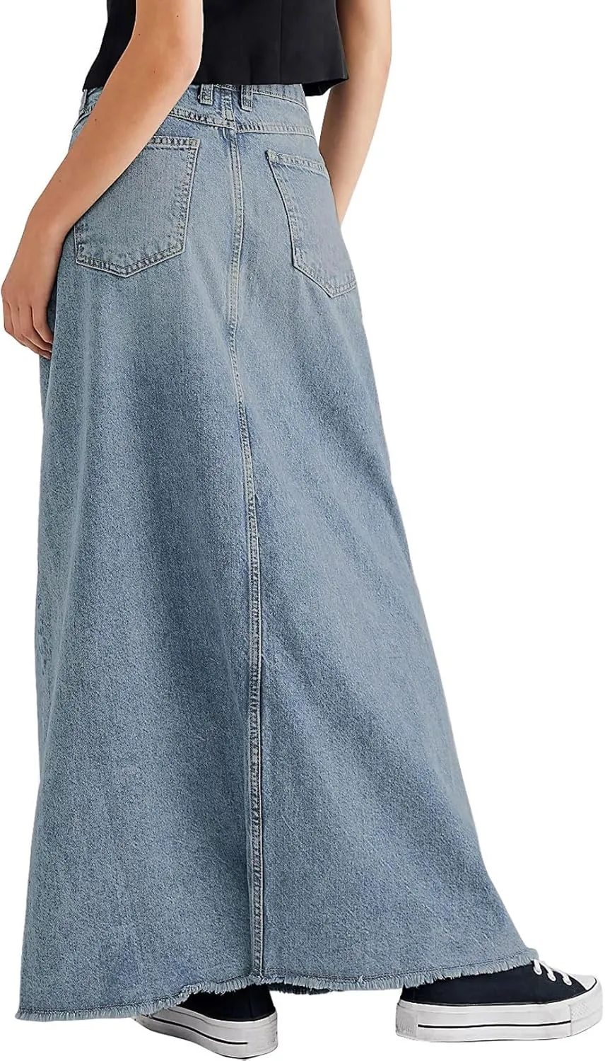 CHARTOU Women Vintage Denim Maxi Skirt Frayed Raw Hem High Waist A-Line Long Jean Skirt