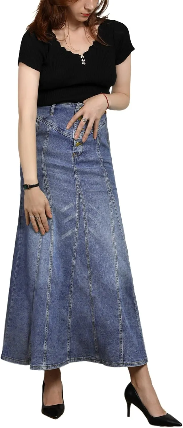 CHARTOU Women's Retro Exposure Button-Fly Packaged Hip A-Line Maxi Long Denim Skirt