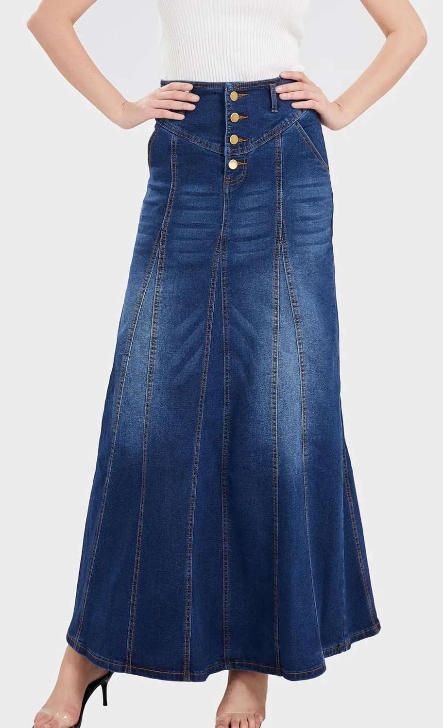 CHARTOU Women's Retro Exposure Button-Fly Packaged Hip A-Line Maxi Long Denim Skirt