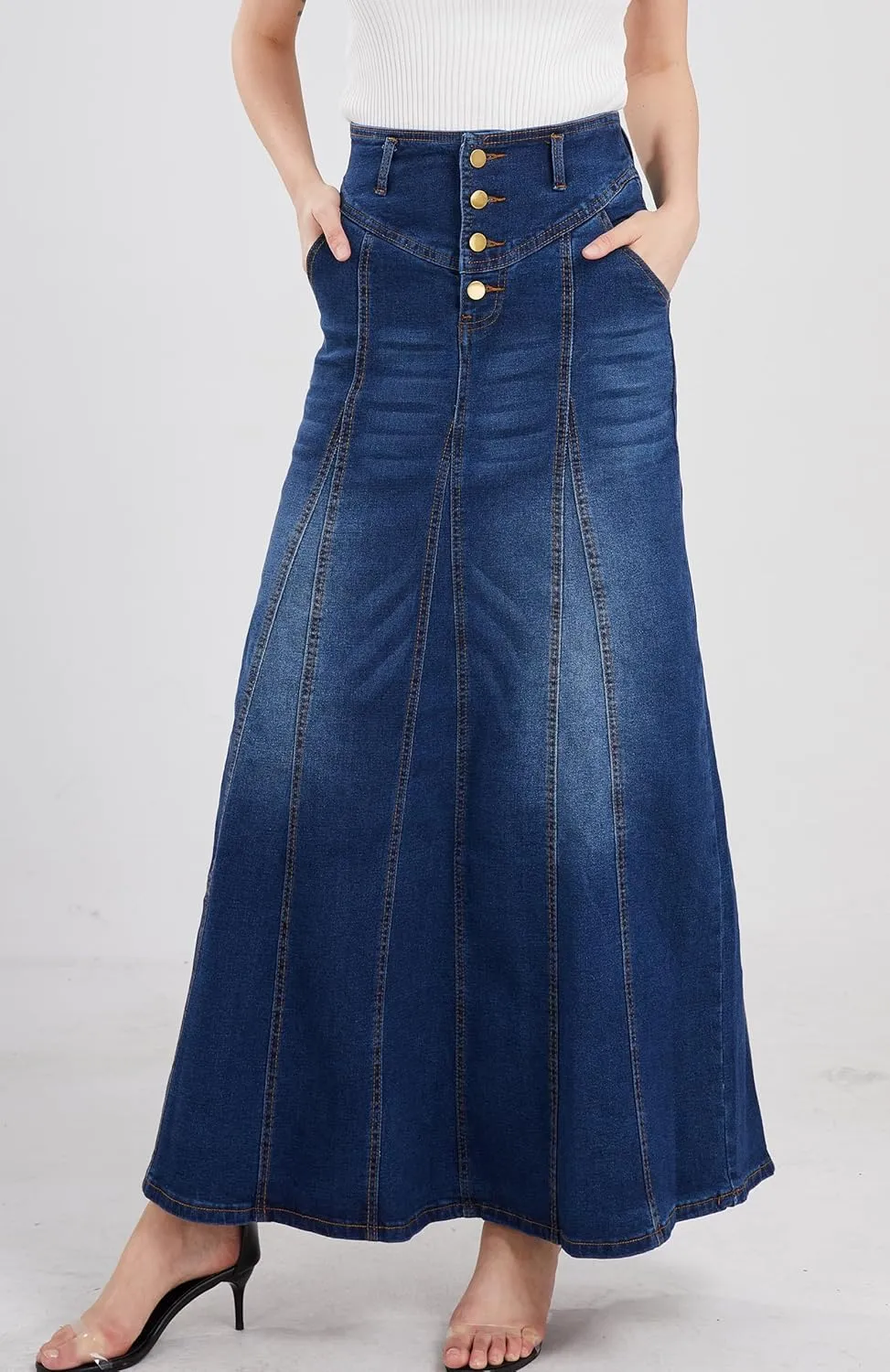 CHARTOU Women's Retro Exposure Button-Fly Packaged Hip A-Line Maxi Long Denim Skirt