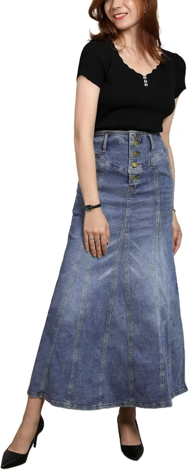 CHARTOU Women's Retro Exposure Button-Fly Packaged Hip A-Line Maxi Long Denim Skirt