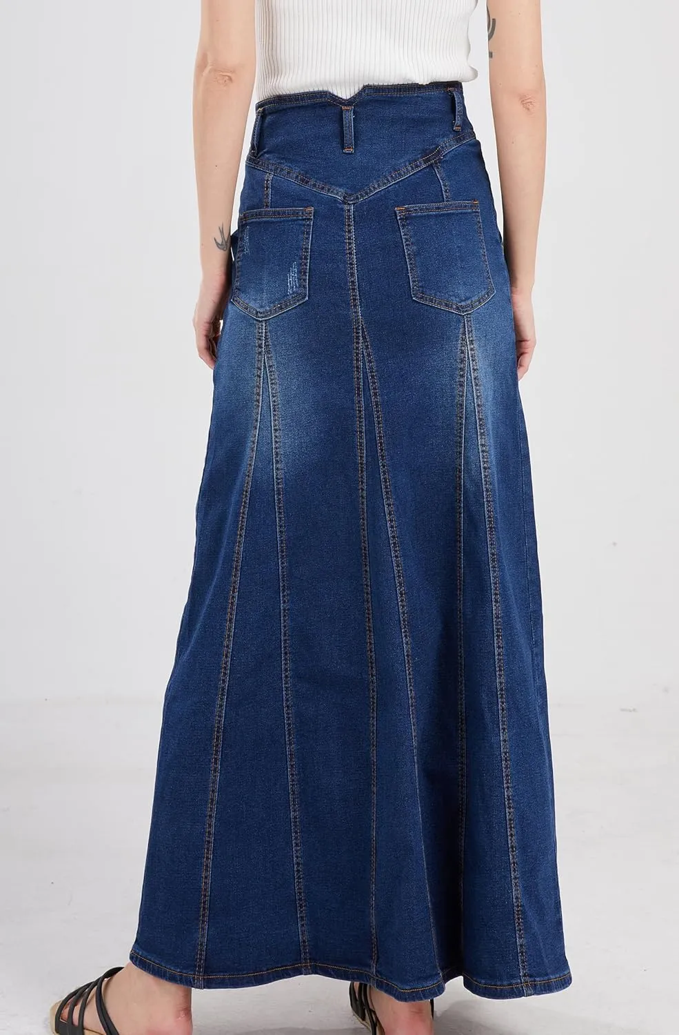 CHARTOU Women's Retro Exposure Button-Fly Packaged Hip A-Line Maxi Long Denim Skirt
