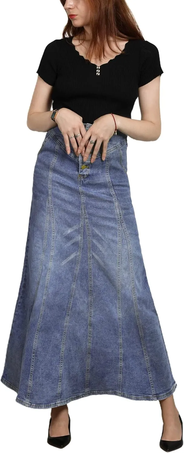 CHARTOU Women's Retro Exposure Button-Fly Packaged Hip A-Line Maxi Long Denim Skirt