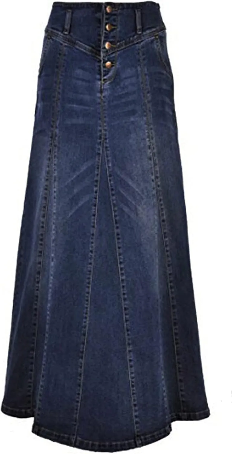 CHARTOU Women's Retro Exposure Button-Fly Packaged Hip A-Line Maxi Long Denim Skirt