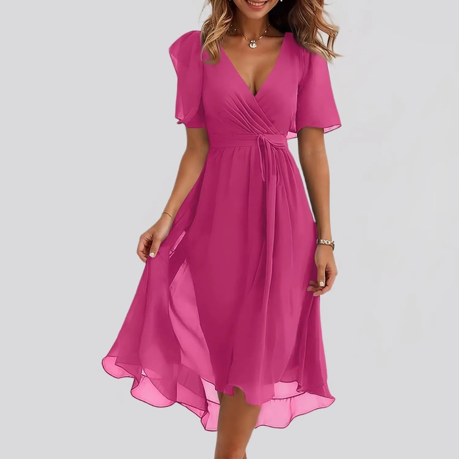 Chiffon Dresses for Women,Prom Cocktail Womens Midi Dress Wrap Flowy Wedding Guest Summer Sexy Dresses for Women