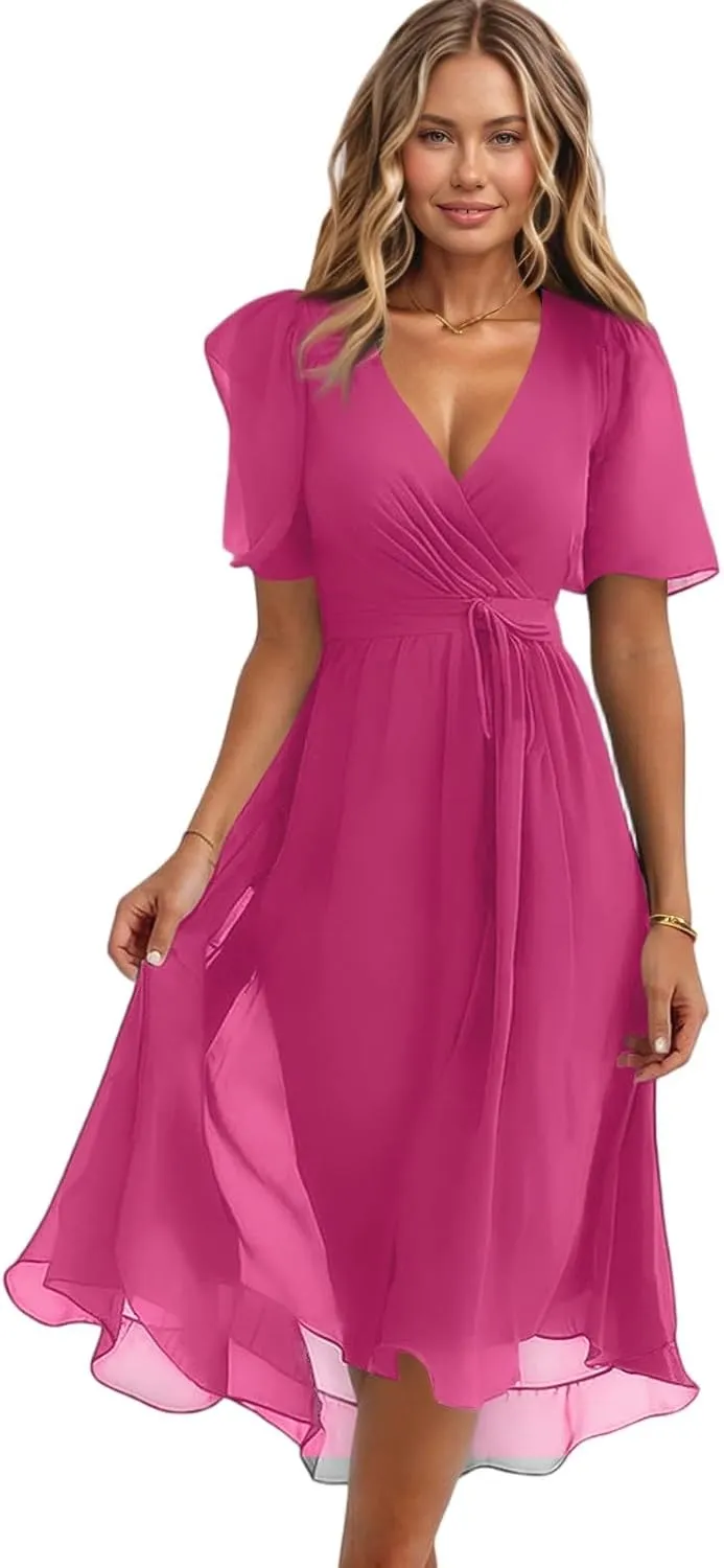 Chiffon Dresses for Women,Prom Cocktail Womens Midi Dress Wrap Flowy Wedding Guest Summer Sexy Dresses for Women