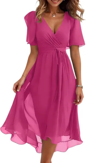 Chiffon Dresses for Women,Prom Cocktail Womens Midi Dress Wrap Flowy Wedding Guest Summer Sexy Dresses for Women