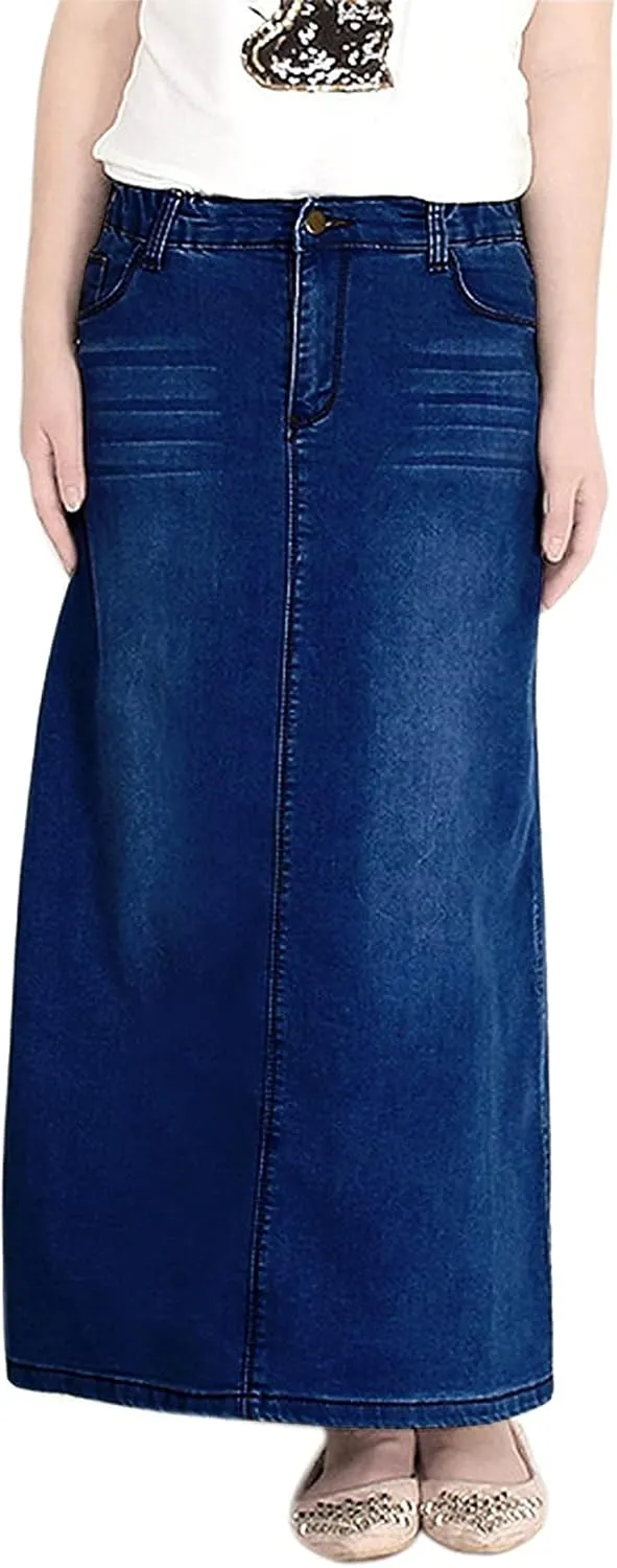 chouyatou Women's Casual Stretch Waist Washed Denim A-line Maxi Skirt