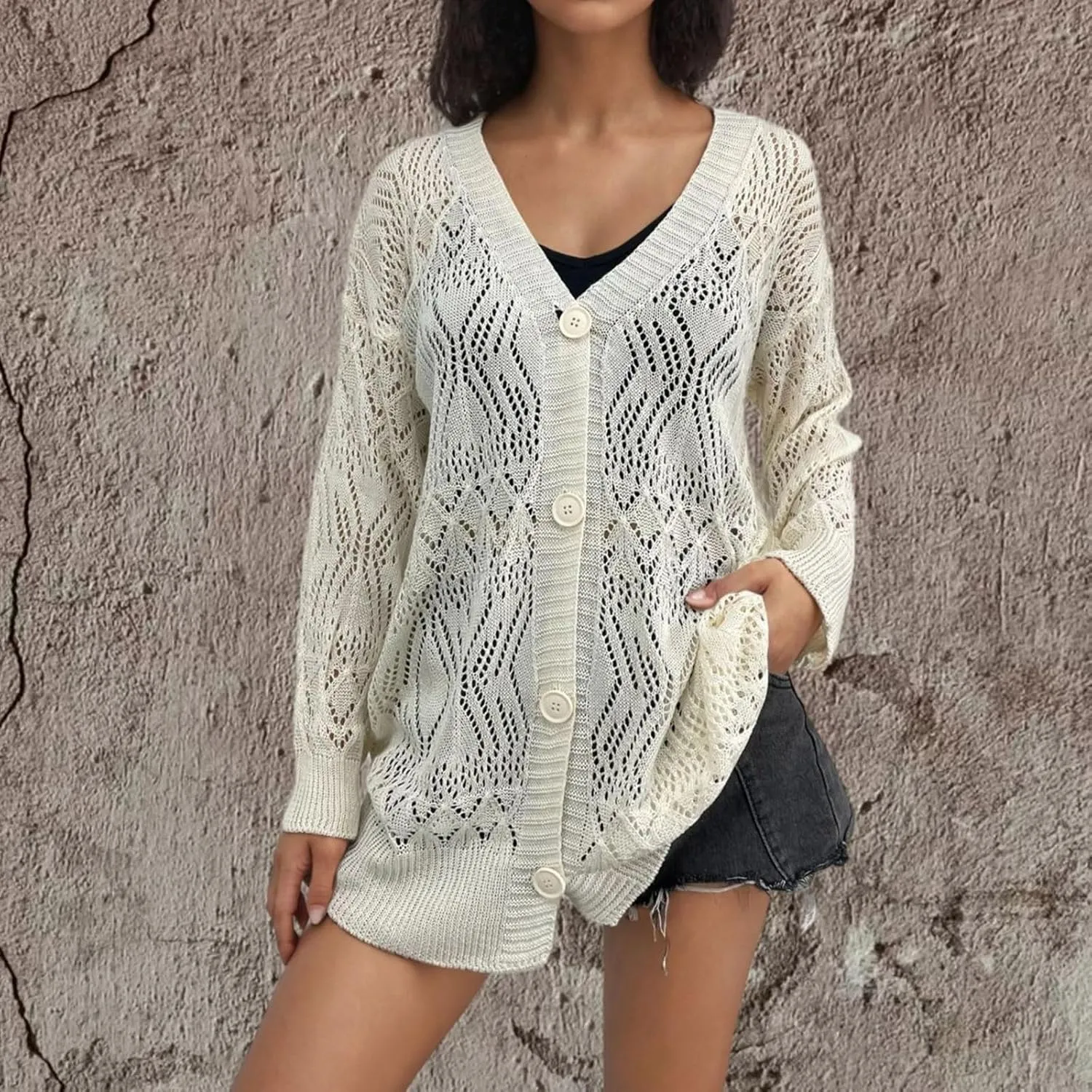 Chunky Knit Cardigans for Women Hollow Out Cardigan Sweater Women's Knitted Solid Color V-Neck Long Sleeve Coat