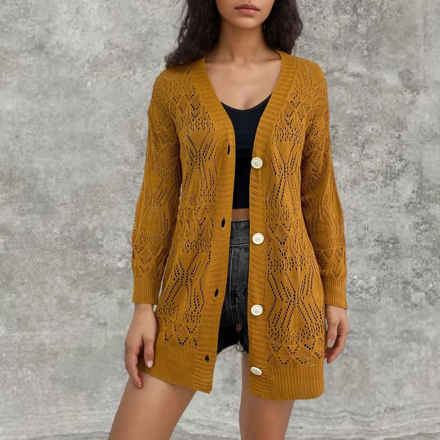 Chunky Knit Cardigans for Women Hollow Out Cardigan Sweater Women's Knitted Solid Color V-Neck Long Sleeve Coat