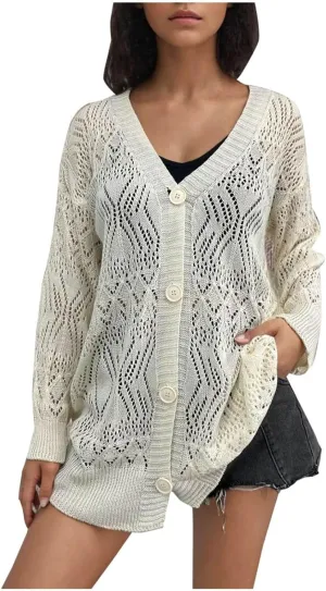 Chunky Knit Cardigans for Women Hollow Out Cardigan Sweater Women's Knitted Solid Color V-Neck Long Sleeve Coat