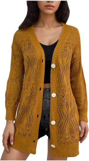 Chunky Knit Cardigans for Women Hollow Out Cardigan Sweater Women's Knitted Solid Color V-Neck Long Sleeve Coat