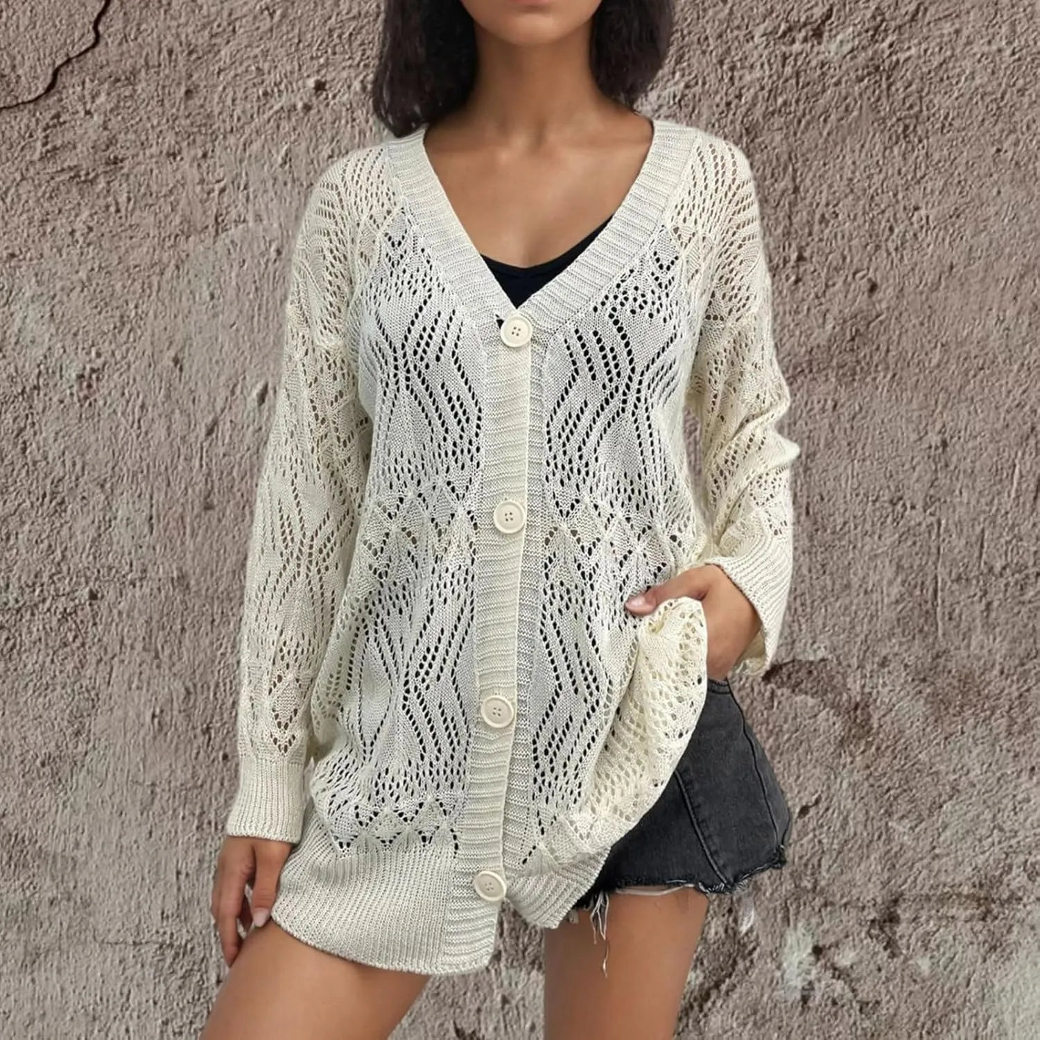 Chunky Knit Cardigans for Women Hollow Out Cardigan Sweater Women's Knitted Solid Color V-Neck Long Sleeve Coat