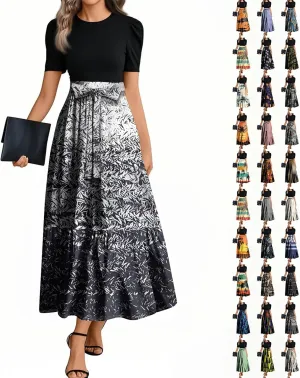 Church Dresses for Women 2025 Floral Short Sleeve Wrap Patchwork Dress Tea Length A Line Tiered Maxi Modest Dress
