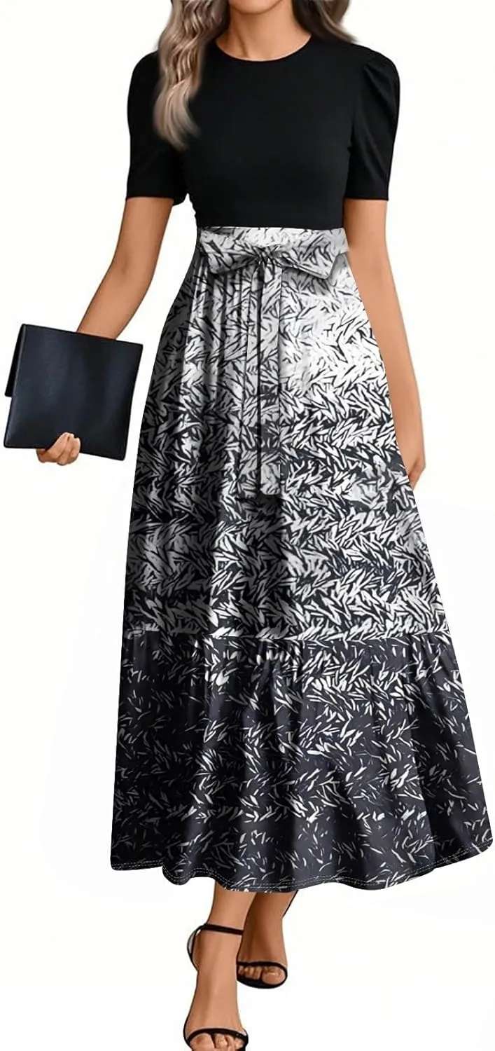 Church Dresses for Women 2025 Floral Short Sleeve Wrap Patchwork Dress Tea Length A Line Tiered Maxi Modest Dress