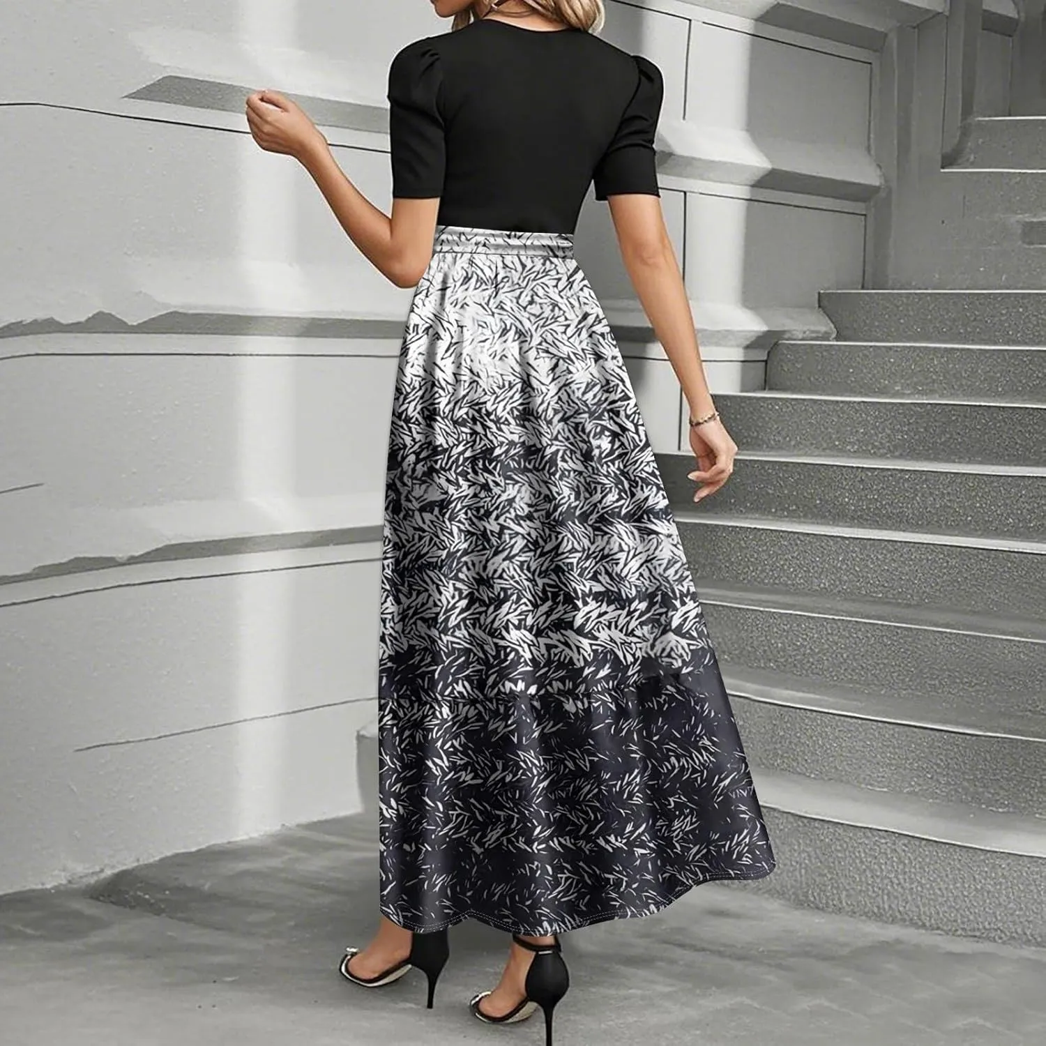 Church Dresses for Women 2025 Floral Short Sleeve Wrap Patchwork Dress Tea Length A Line Tiered Maxi Modest Dress