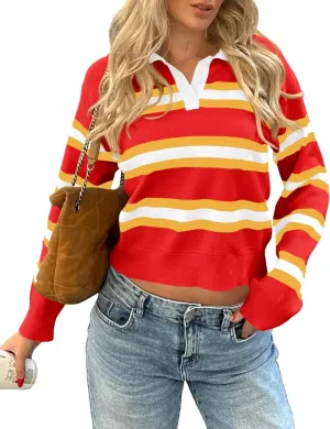 Cicy Bell Womens Cropped Polo Sweater Striped Long Sleeve Shirts Lightweight Color Block Knit Pullover Tops