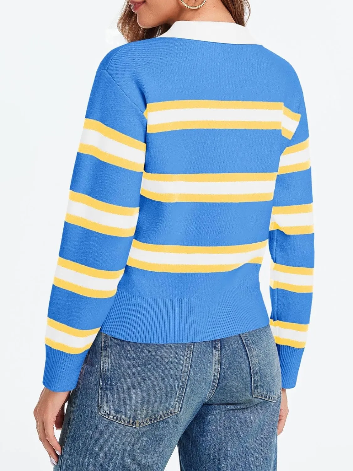 Cicy Bell Womens Cropped Polo Sweater Striped Long Sleeve Shirts Lightweight Color Block Knit Pullover Tops