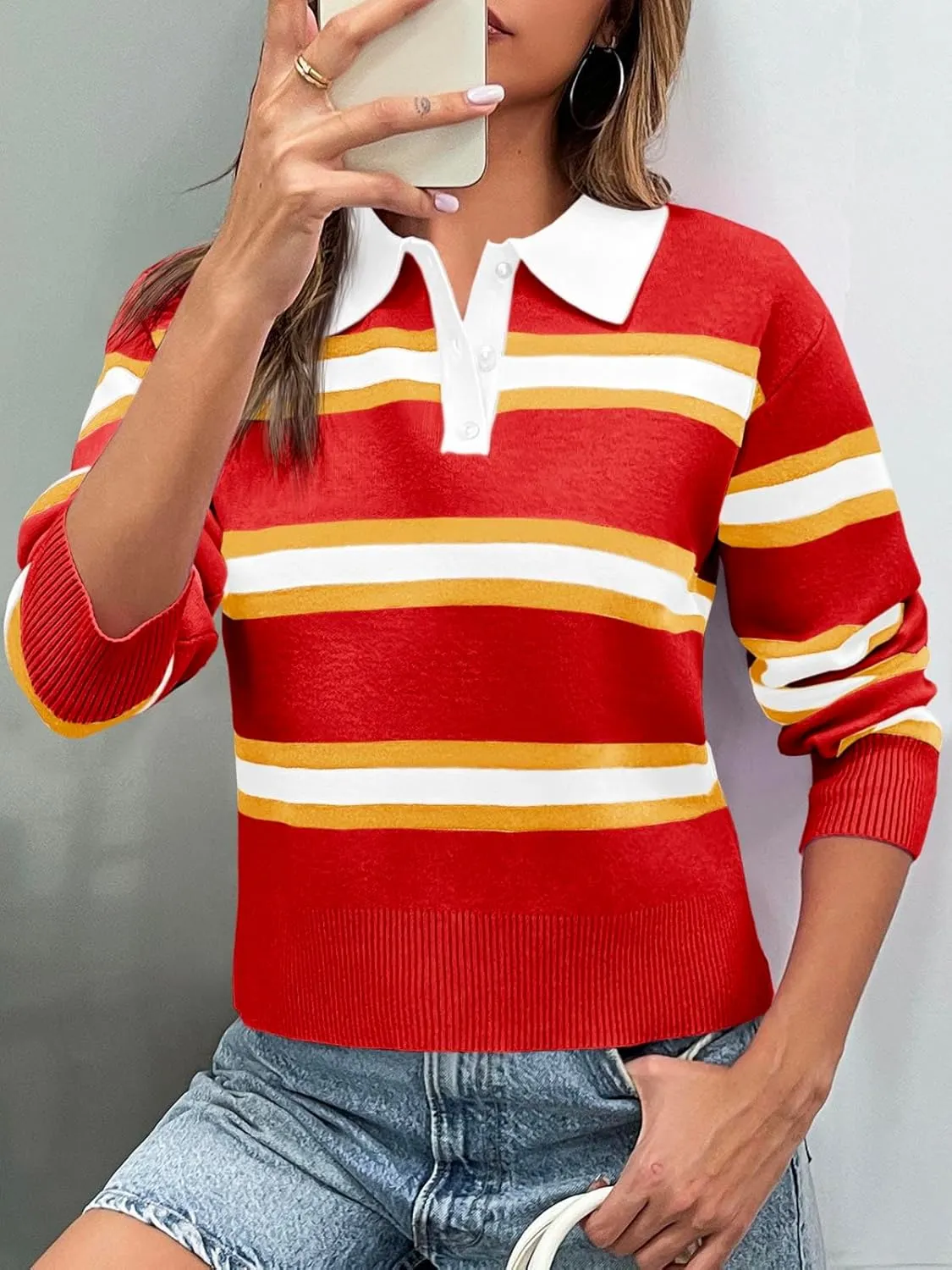 Cicy Bell Womens Cropped Polo Sweater Striped Long Sleeve Shirts Lightweight Color Block Knit Pullover Tops