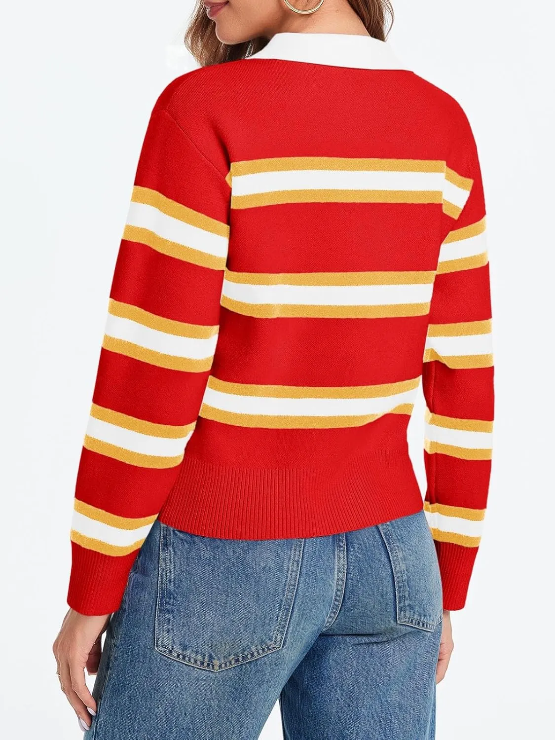 Cicy Bell Womens Cropped Polo Sweater Striped Long Sleeve Shirts Lightweight Color Block Knit Pullover Tops