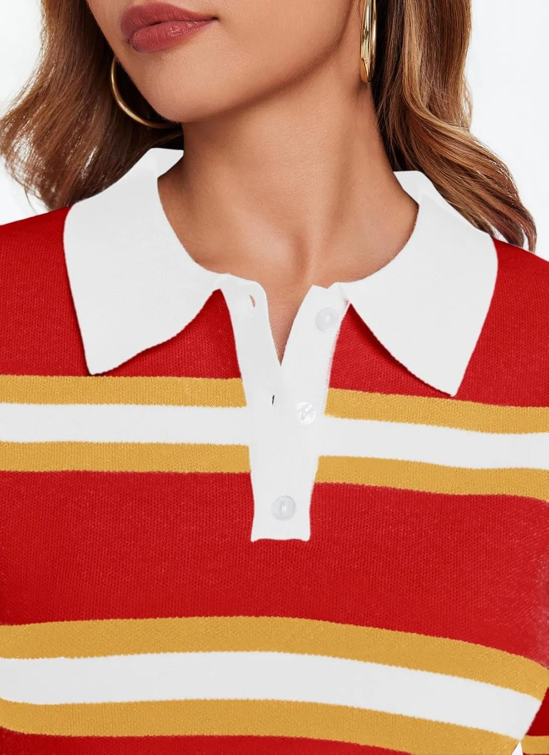 Cicy Bell Womens Cropped Polo Sweater Striped Long Sleeve Shirts Lightweight Color Block Knit Pullover Tops