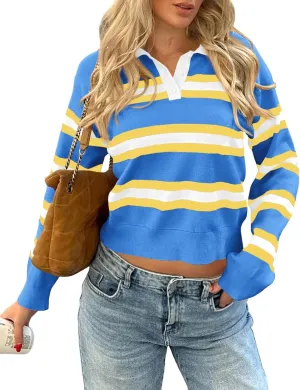 Cicy Bell Womens Cropped Polo Sweater Striped Long Sleeve Shirts Lightweight Color Block Knit Pullover Tops