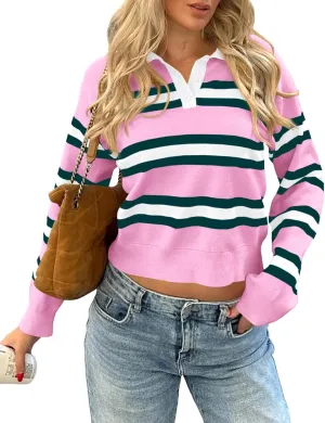 Cicy Bell Womens Cropped Polo Sweater Striped Long Sleeve Shirts Lightweight Color Block Knit Pullover Tops