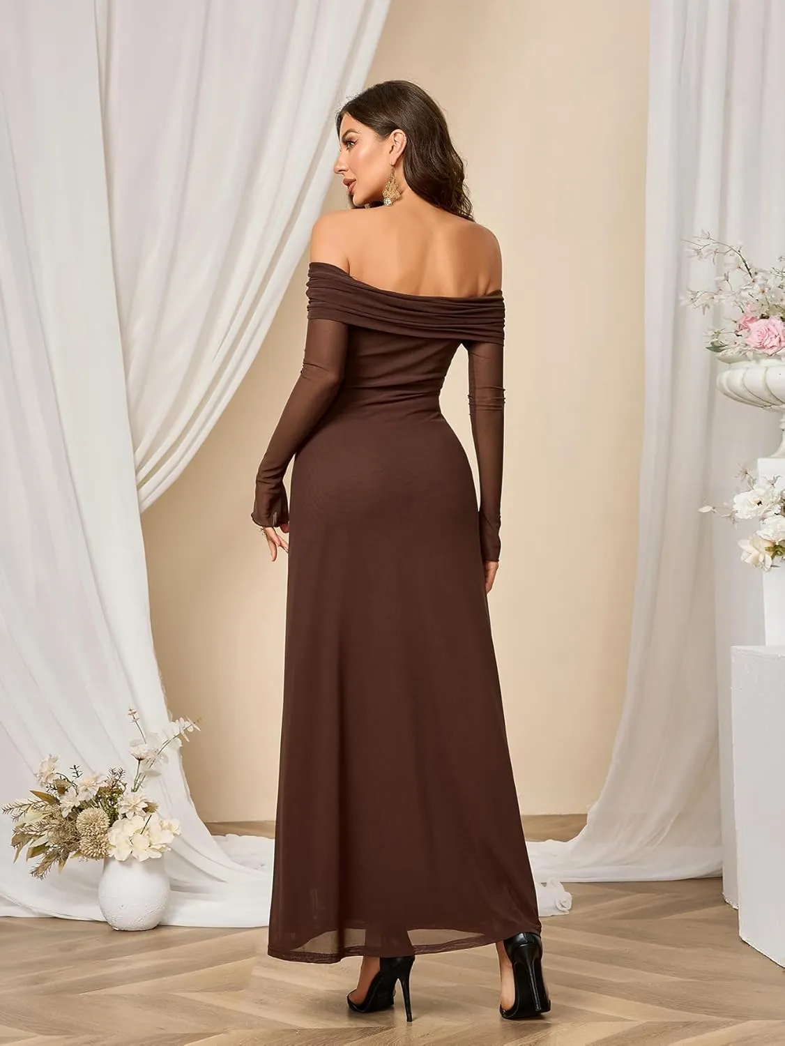 Colysmo Women Long Sleeve Mesh Off Shoulder Bodycon Maxi Dress Formal Wedding Guest Elegant Party Dresses