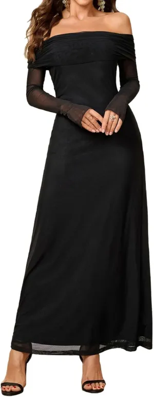 Colysmo Women Long Sleeve Mesh Off Shoulder Bodycon Maxi Dress Formal Wedding Guest Elegant Party Dresses