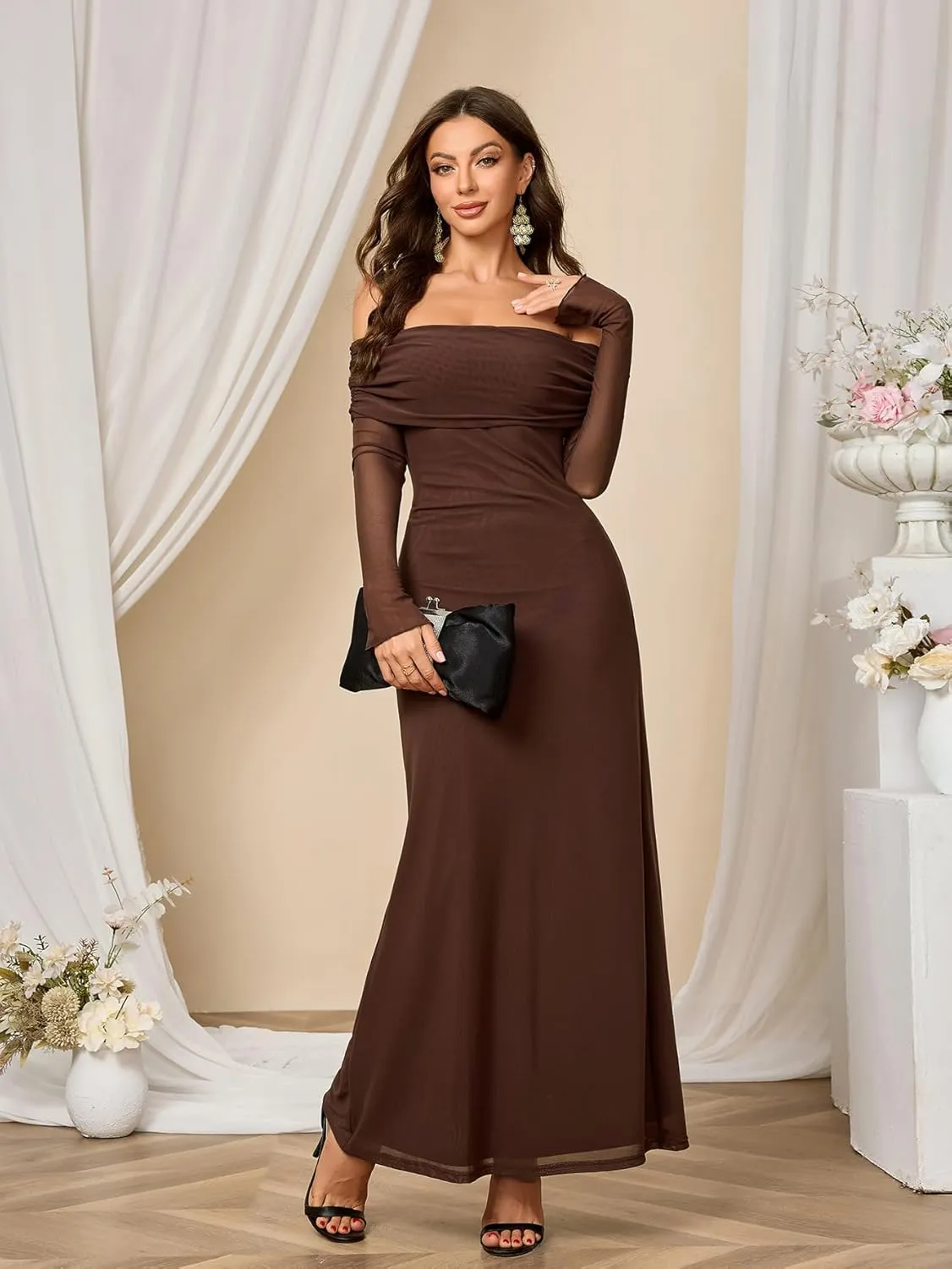 Colysmo Women Long Sleeve Mesh Off Shoulder Bodycon Maxi Dress Formal Wedding Guest Elegant Party Dresses
