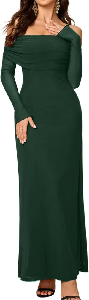 Colysmo Women Long Sleeve Mesh Off Shoulder Bodycon Maxi Dress Formal Wedding Guest Elegant Party Dresses