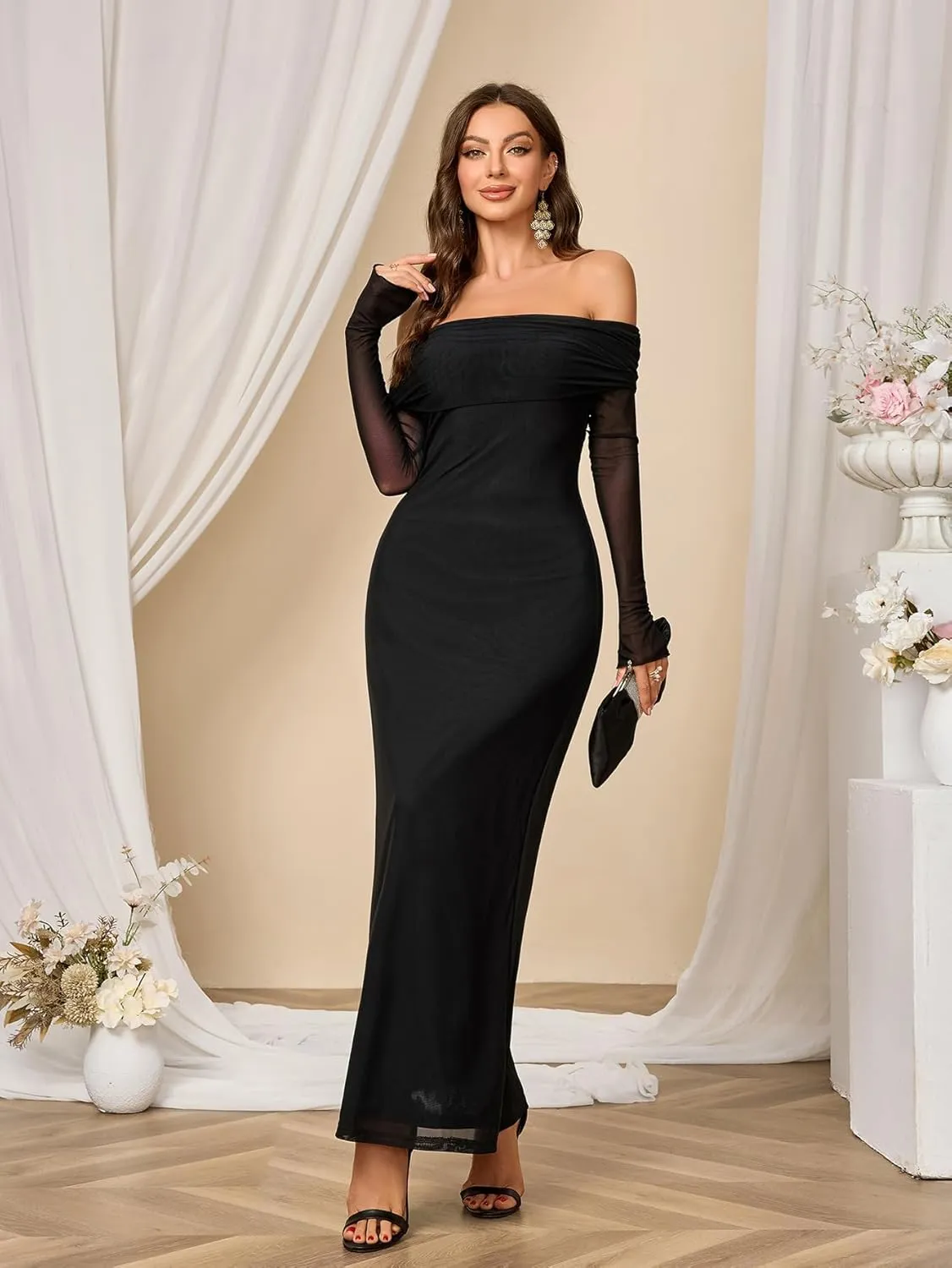 Colysmo Women Long Sleeve Mesh Off Shoulder Bodycon Maxi Dress Formal Wedding Guest Elegant Party Dresses